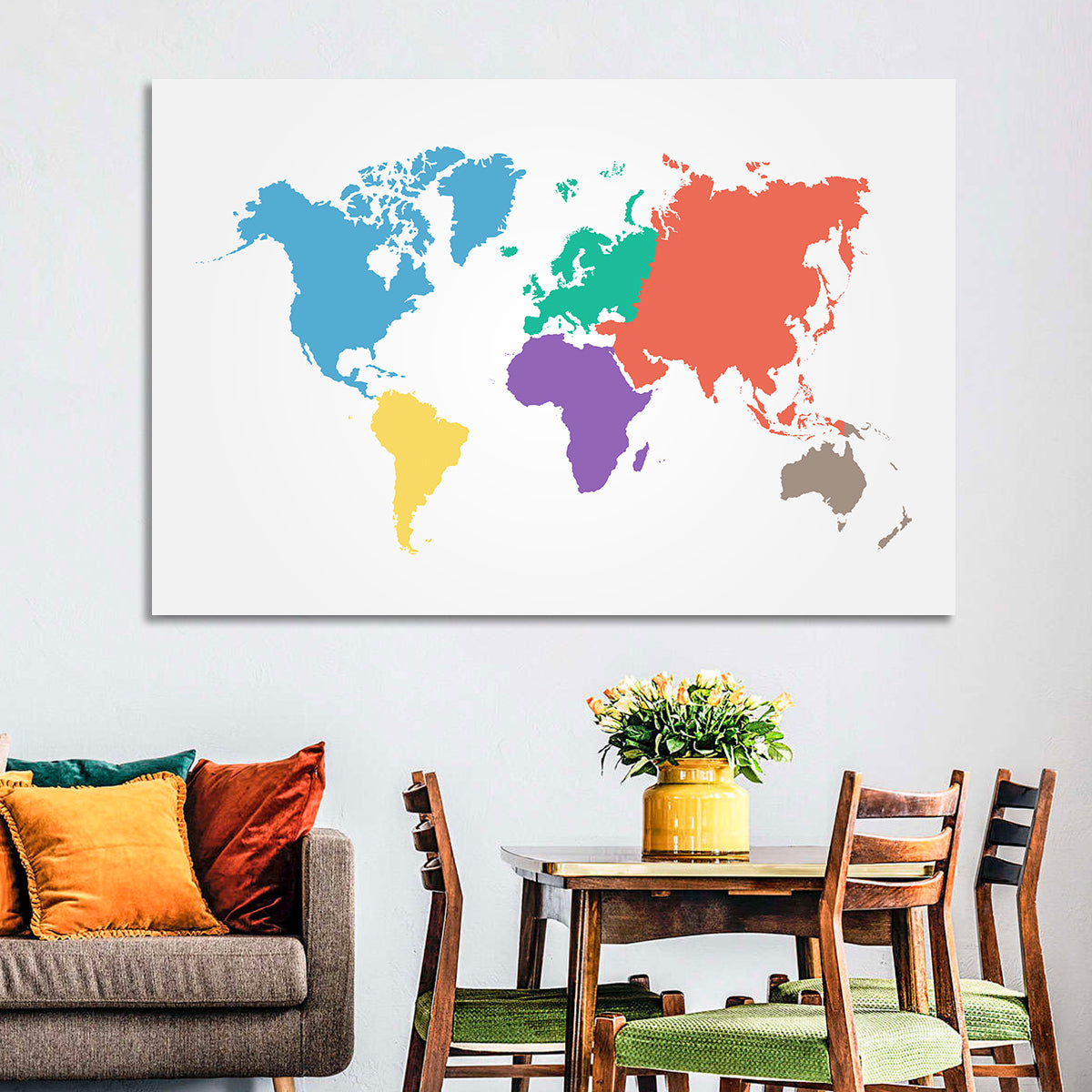 World Continents Map Wall Art in a room, landscape