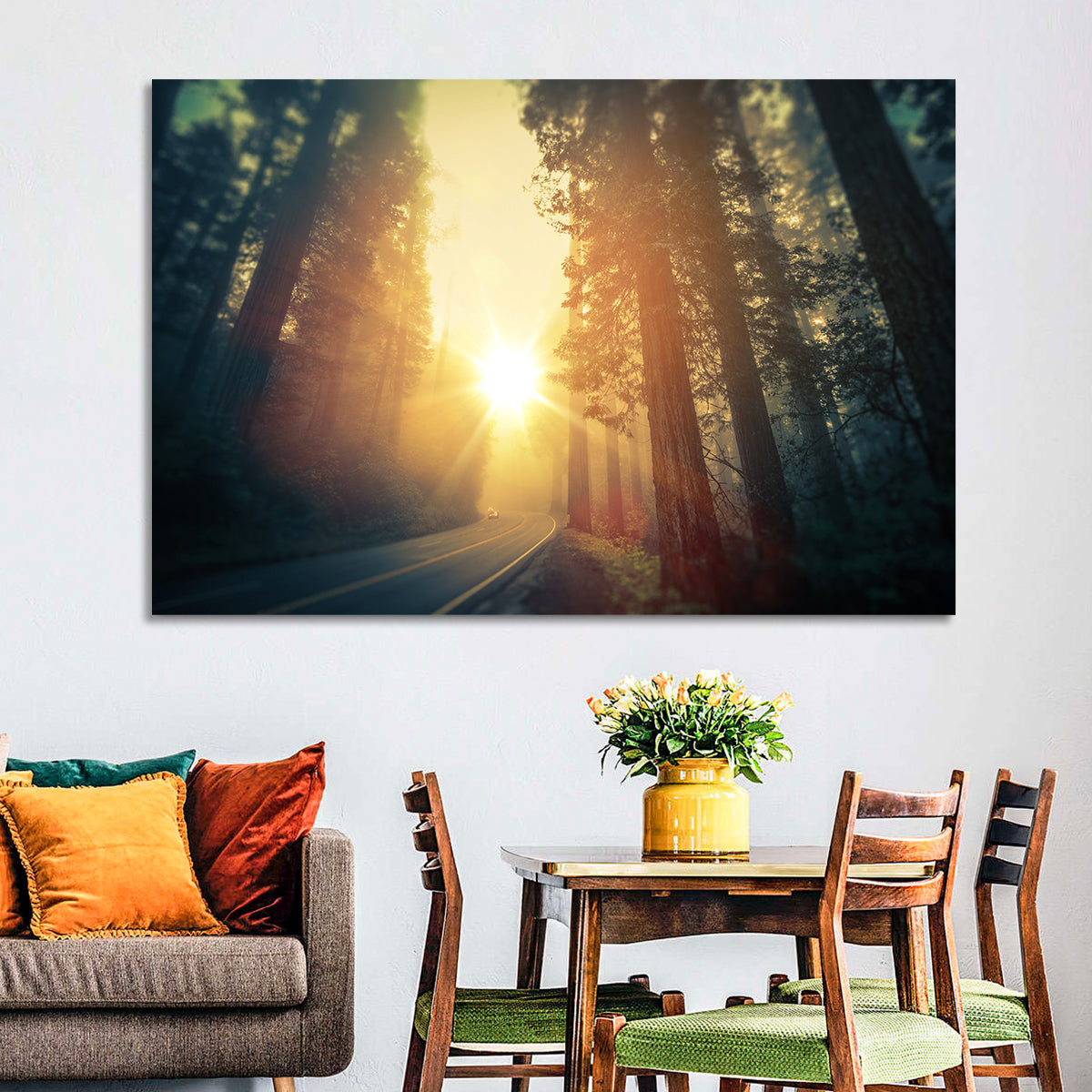 Misty Redwood Road with Golden Sunburst Wall Art