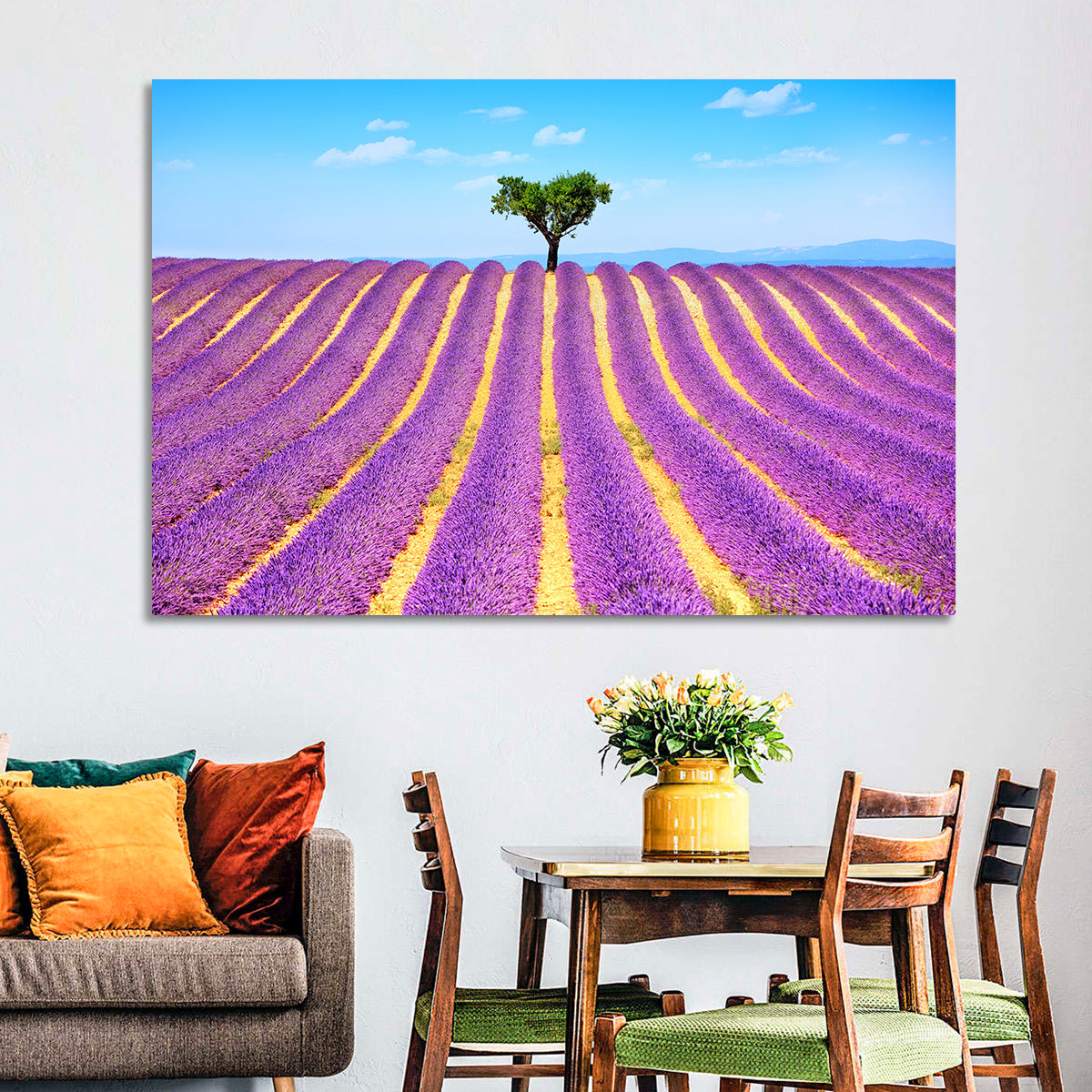 Lavender Field Wall Art in a room, landscape