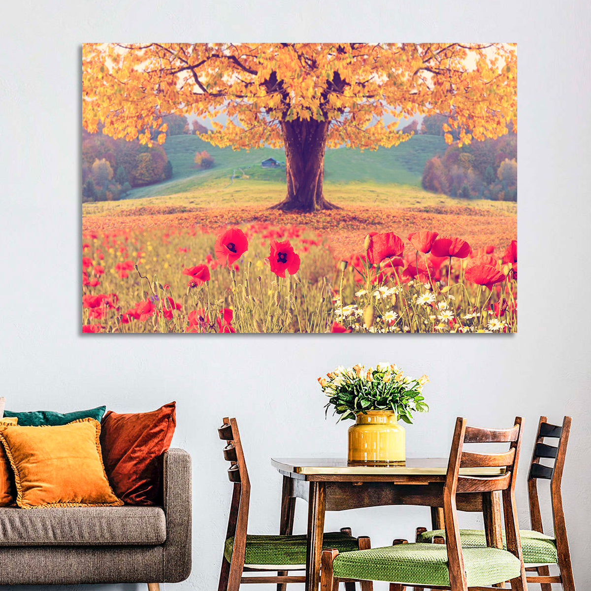 Autumn Tree and Poppy Field Wall Art in a room, landscape