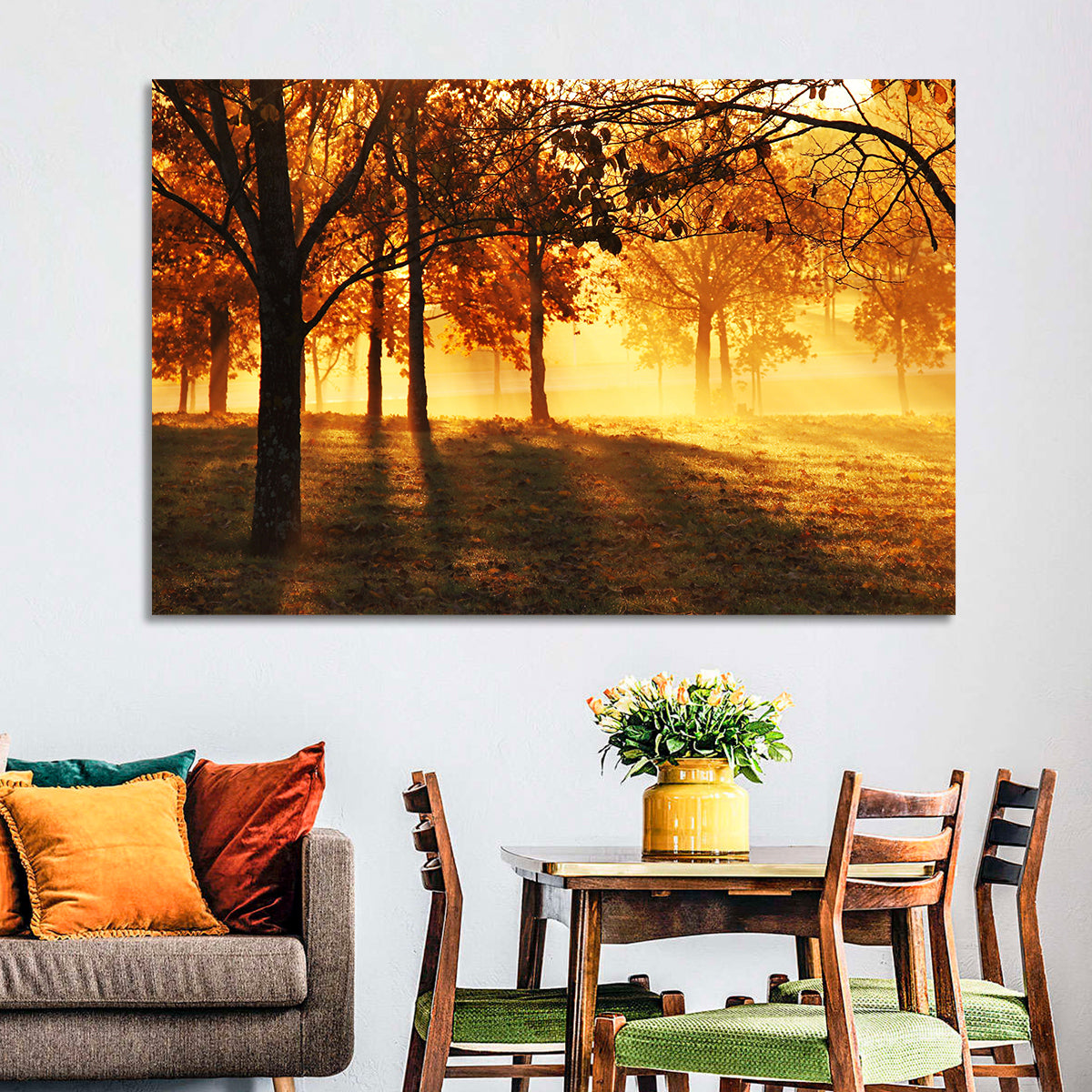 Autumn Sunbeams Through Fog Wall Art in a room, landscape