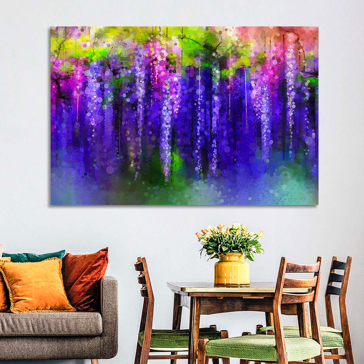 Dreamy Wisteria Vines Wall Art in a room, landscape