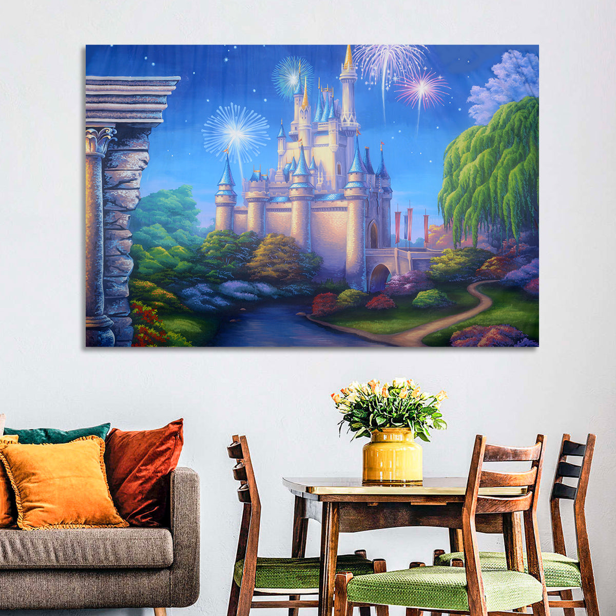 Cinderella Castle Fireworks Illustration Wall Art in a room, landscape