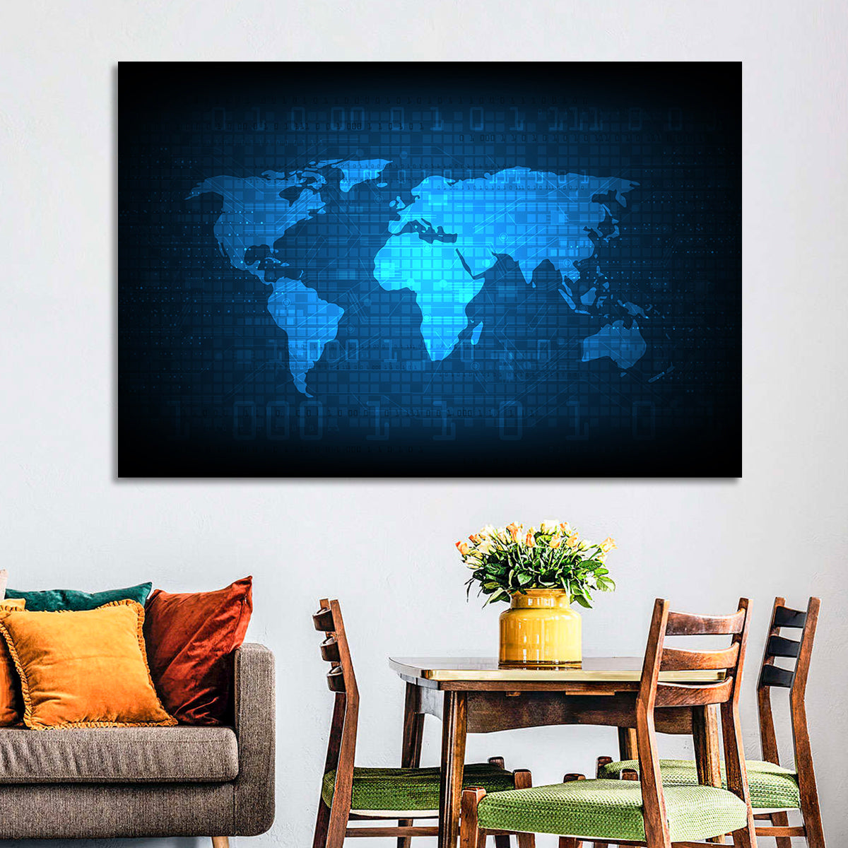 Binary Grid World Map Wall Art in a room, landscape