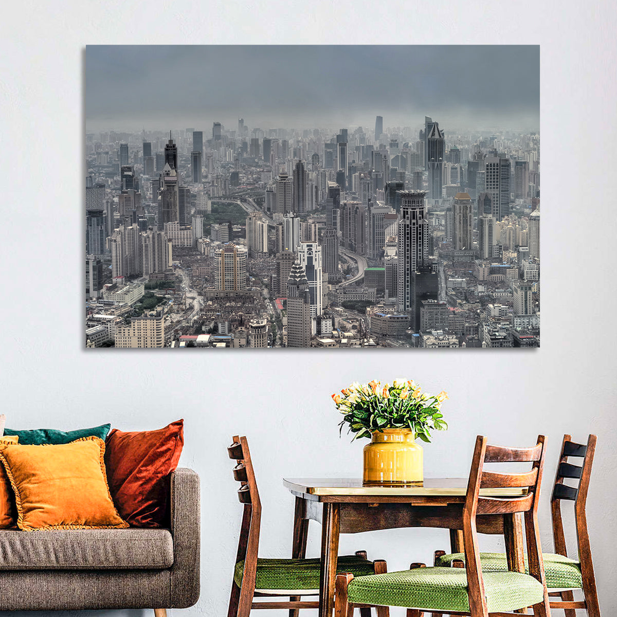 Shanghai Layered Skyline Wall Art in a room, landscape