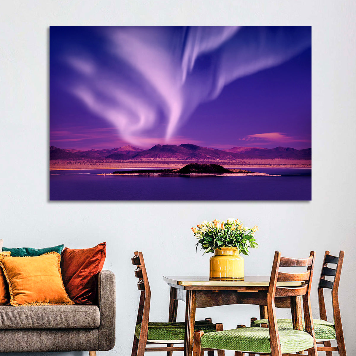 Northern Lights Over Island Wall Art in a room, landscape