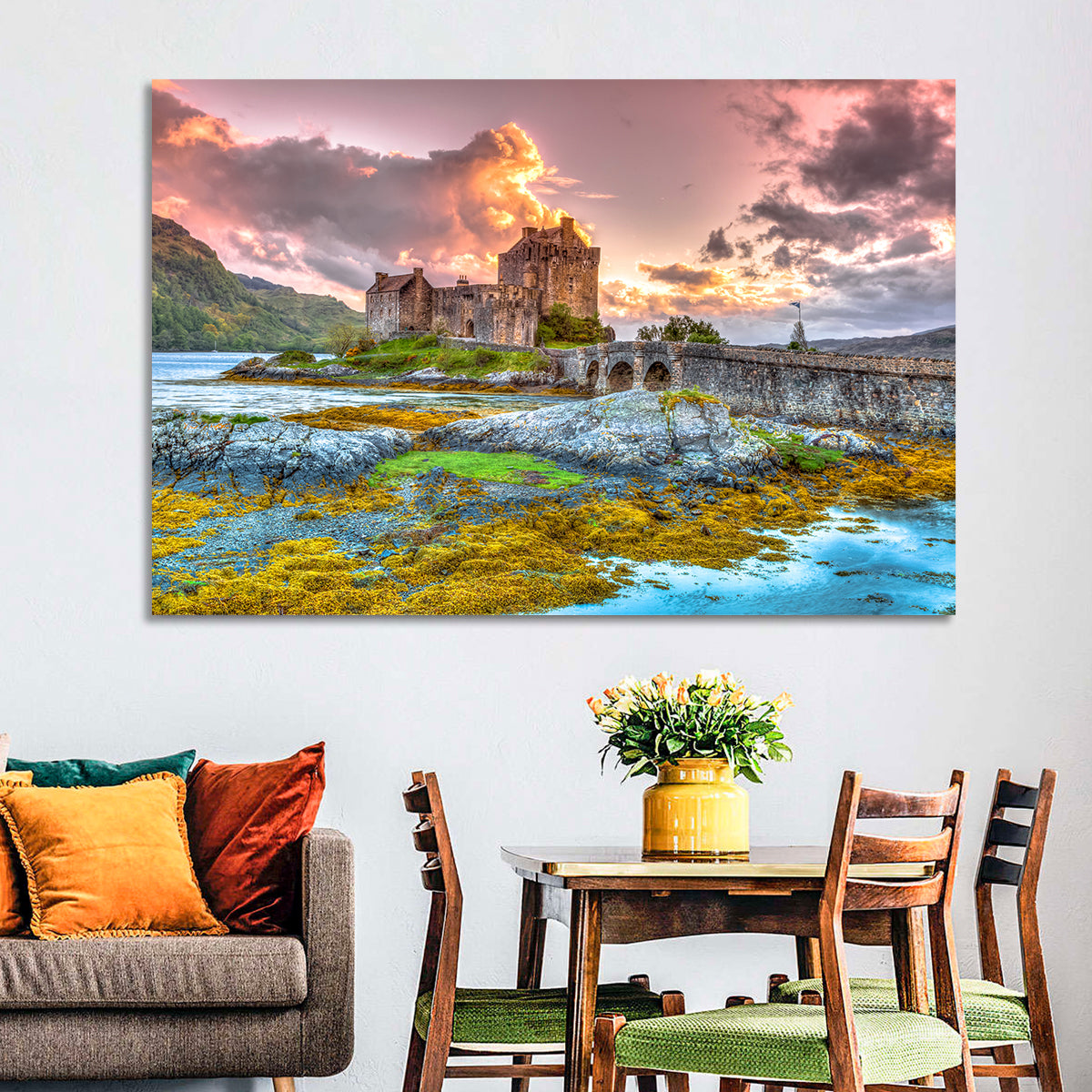 Eilean Donan Castle at Sunset Wall Art in a room, landscape
