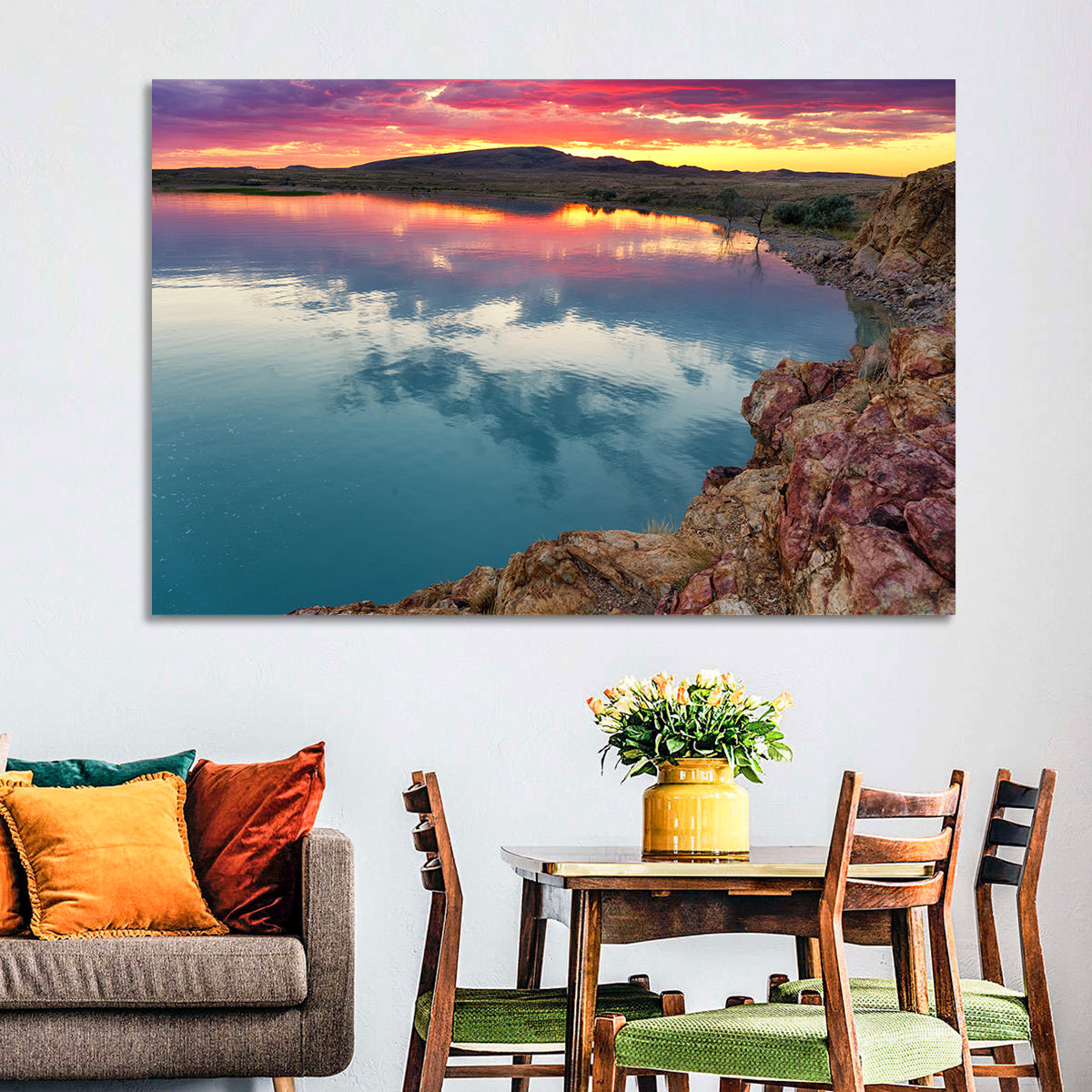 Lake Balkhash Sunset Reflection Wall Art in a room, landscape