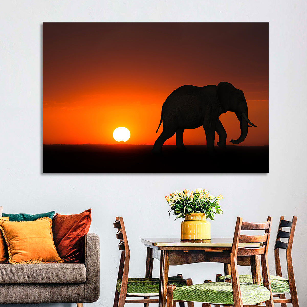 Sunset Elephant Silhouette Wall Art in a room, landscape