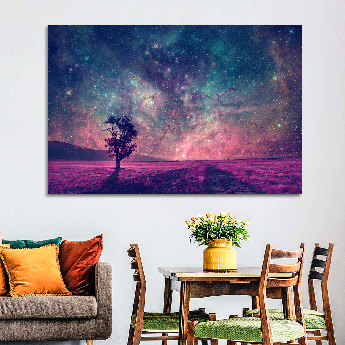 Lone Tree Under Nebula Sky Wall Art in a room, landscape