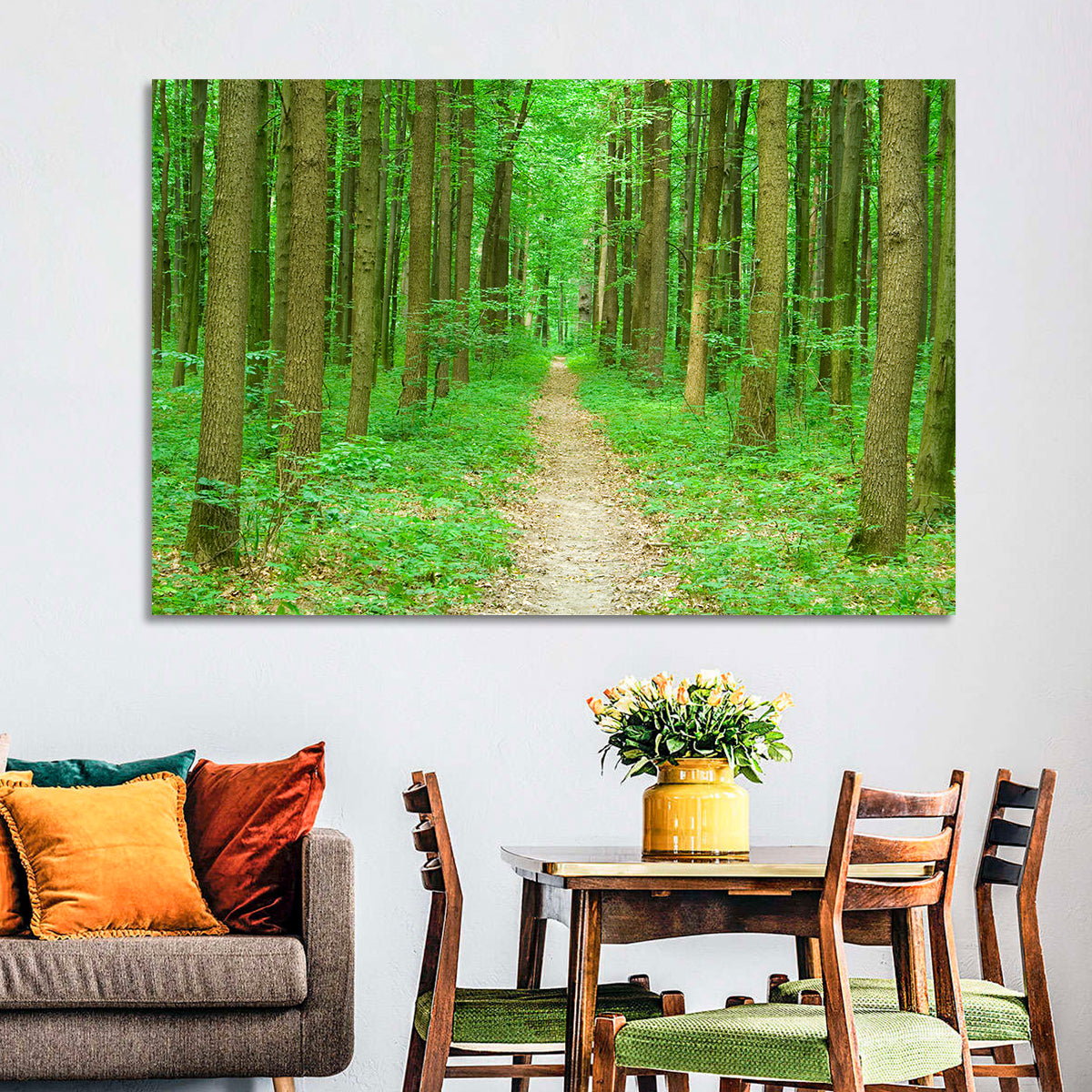 Green Forest Pathway Wall Art in a room, landscape