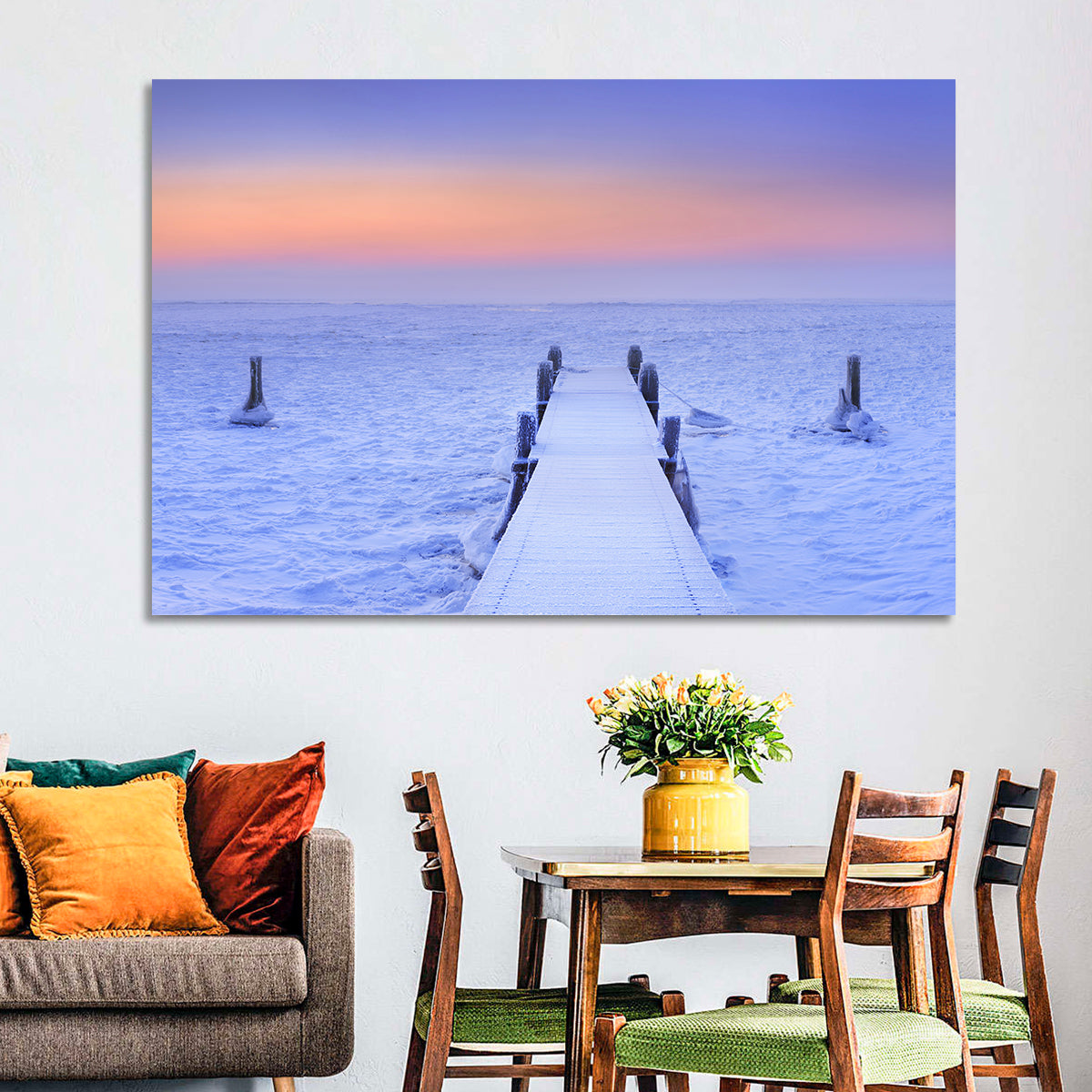 Frosted Jetty at Sunrise Wall Art in a room, landscape