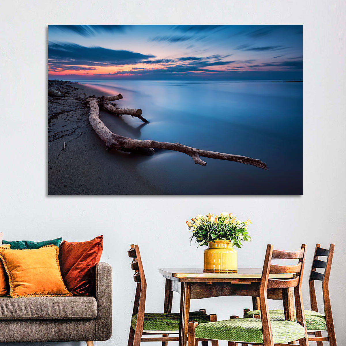 Calm Seascape at Dusk Wall Art in a room, landscape