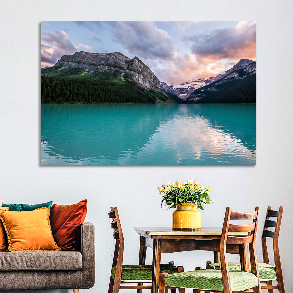 Turquoise Sunset at Lake Louise Wall Art in a room, landscape