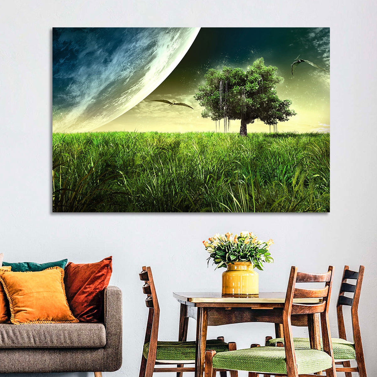 Alien Meadow Under a Giant Planet Wall Art in a room, landscape