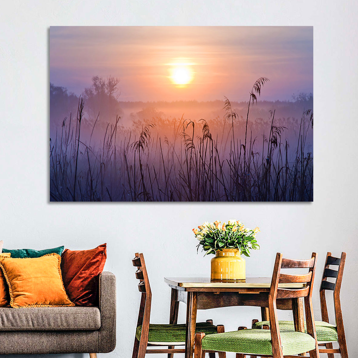 Lavender Sunrise Over Reeds Wall Art in a room, landscape