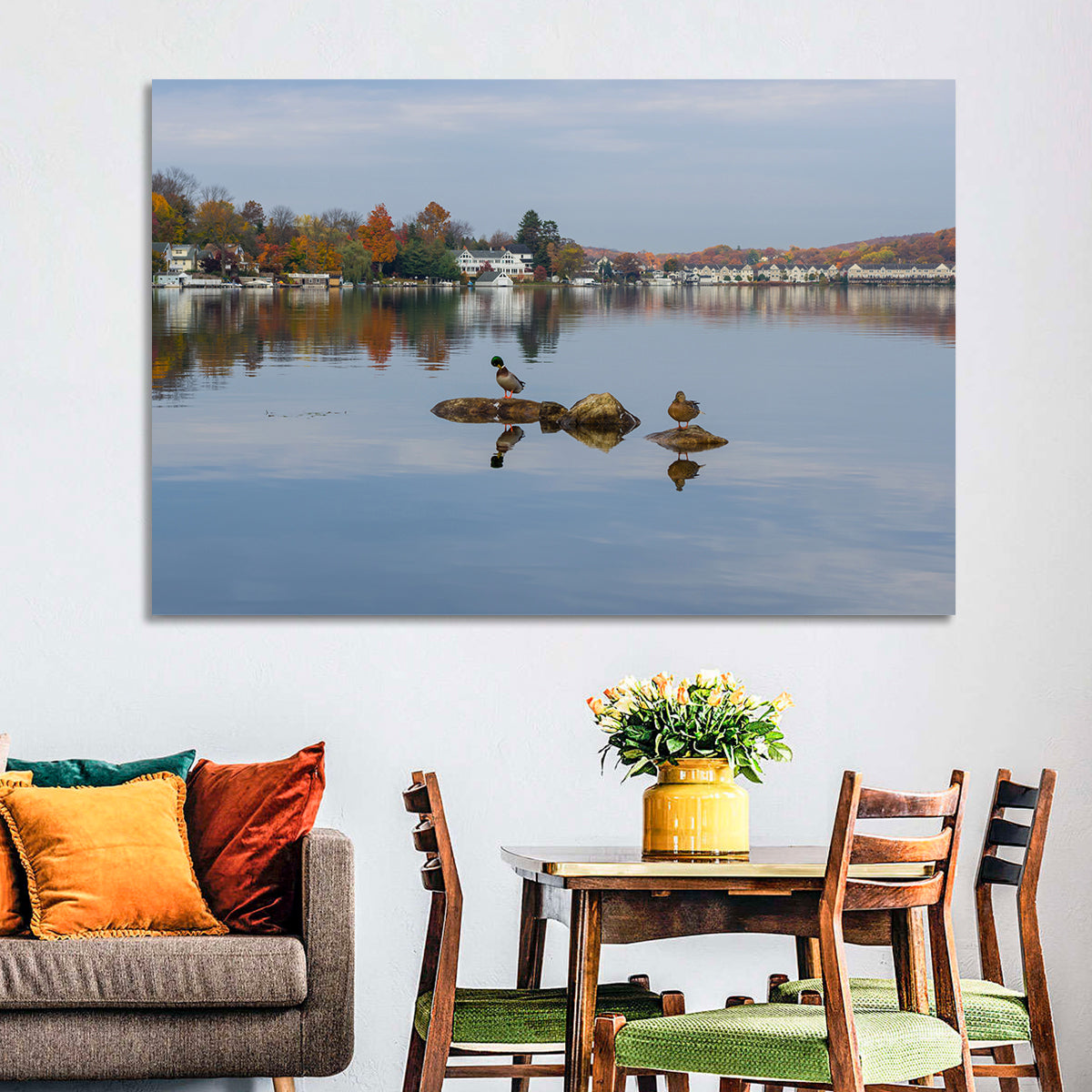 Lake Hopatcong Autumn Reflection Wall Art in a room, landscape
