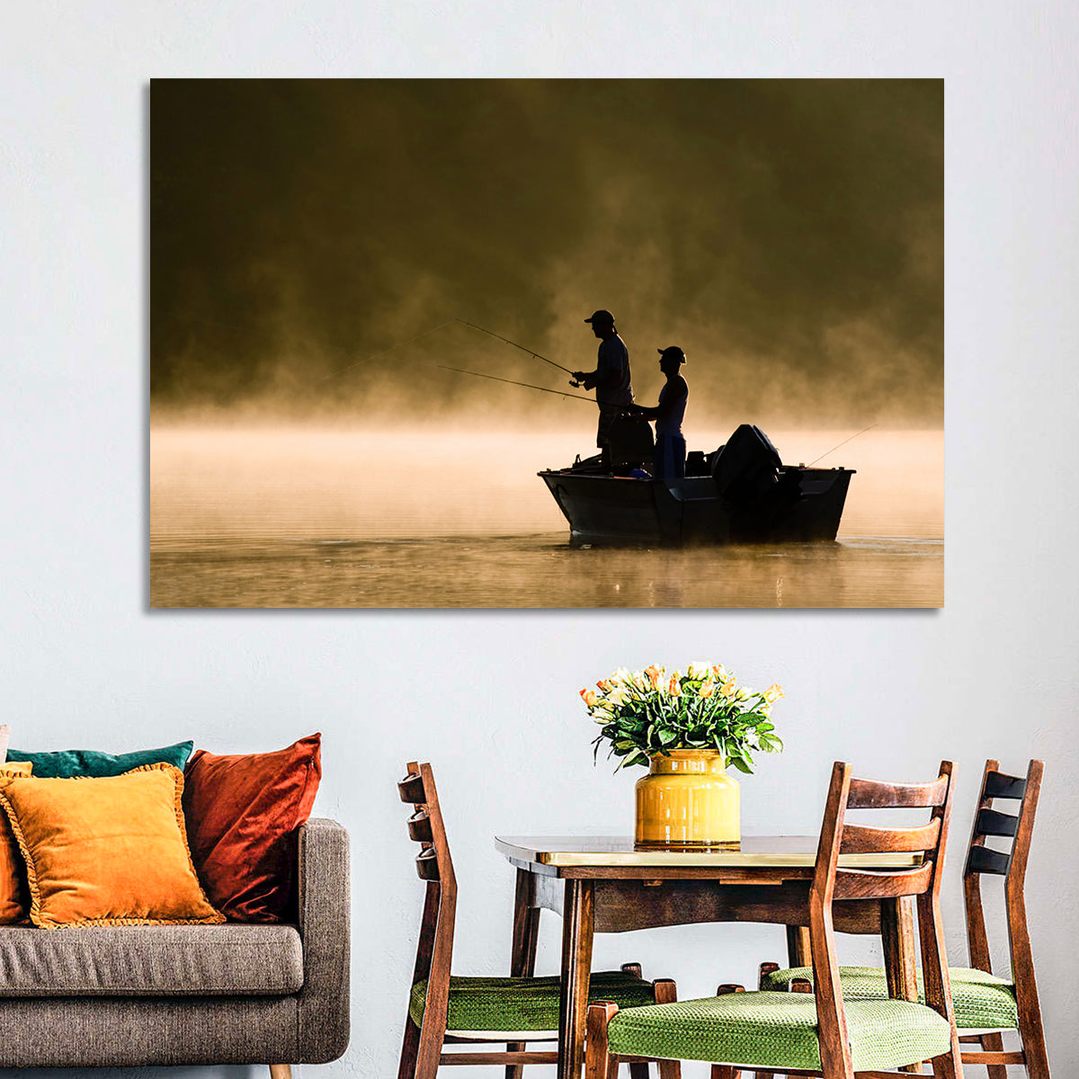 Misty Lake Fishing Wall Art in a room, landscape