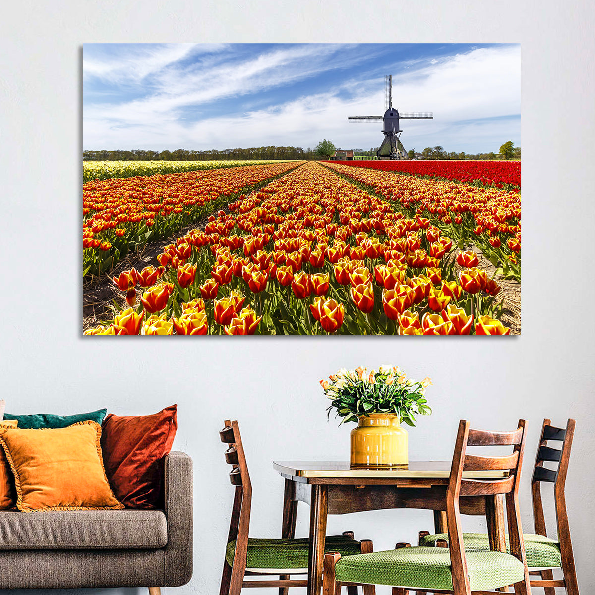 Windmill Over Tulip Fields Wall Art in a room, landscape