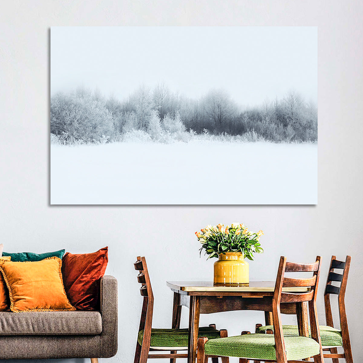 Frosted Winter Forest Wall Art in a room, landscape
