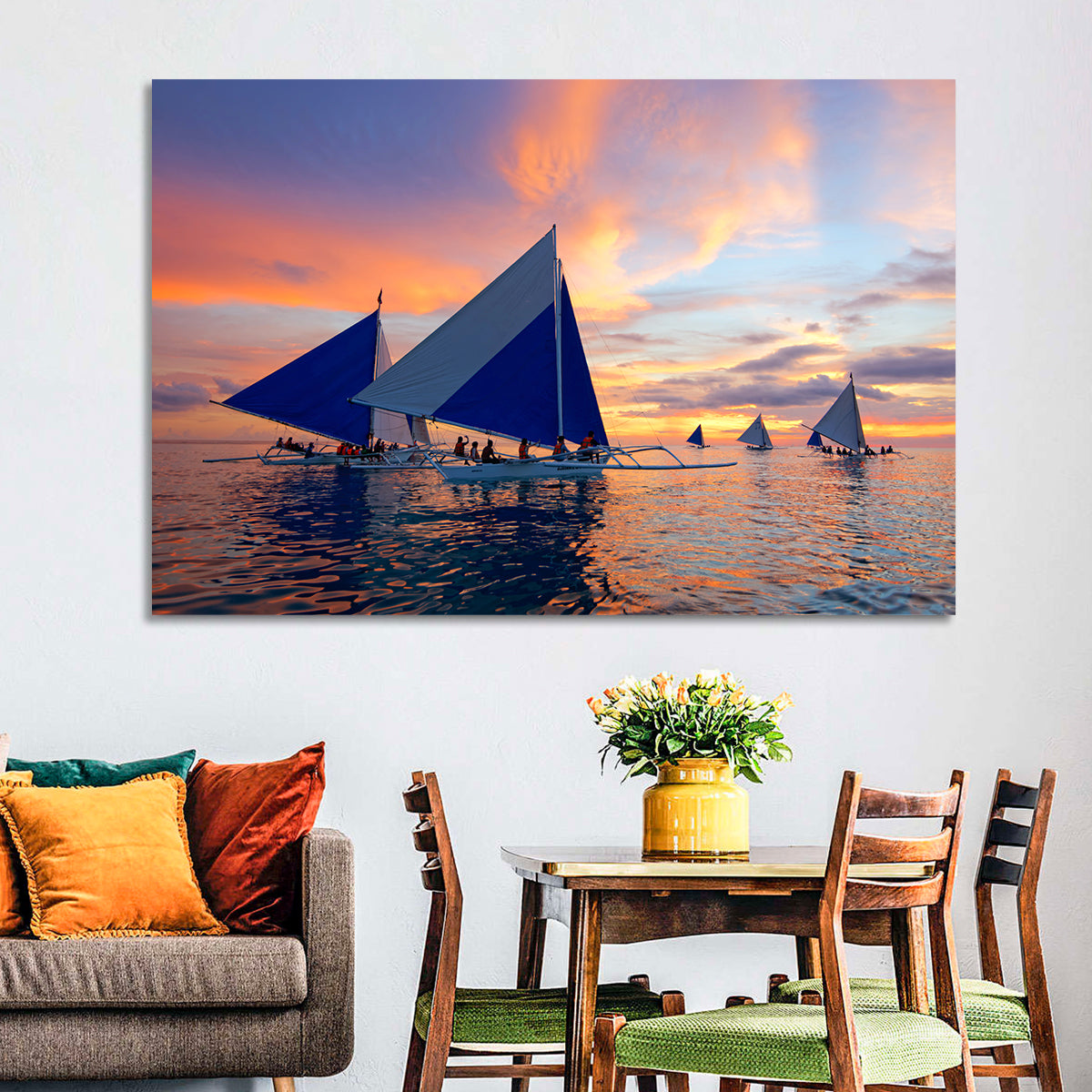 Outrigger Sailboats at Sunset Wall Art in a room, landscape