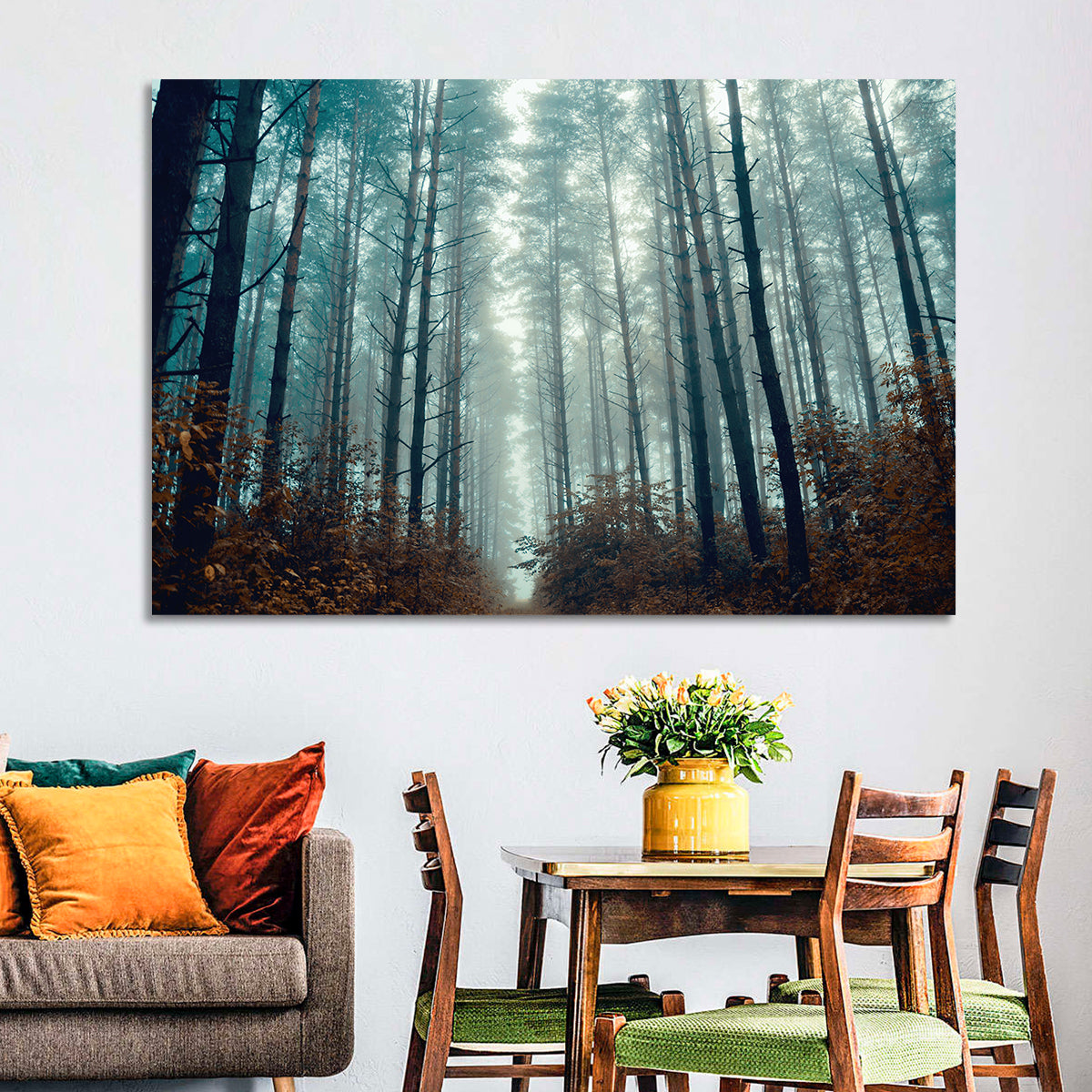 Misty Pine Forest Wall Art in a room, landscape