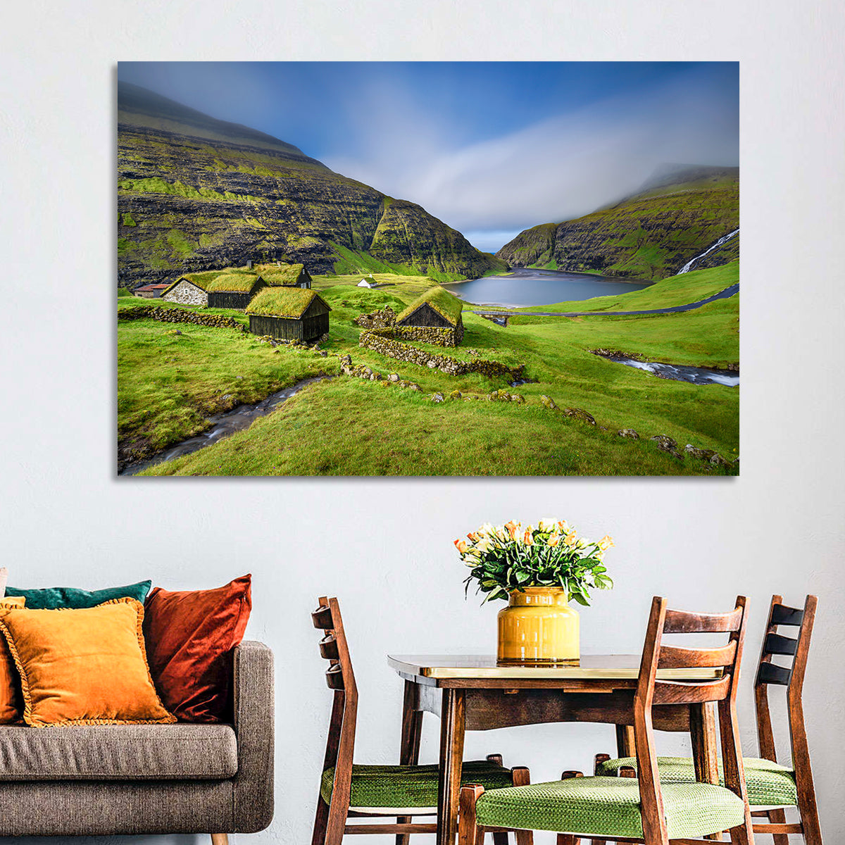 Saksun Turf Roof Cabins Wall Art in a room, landscape