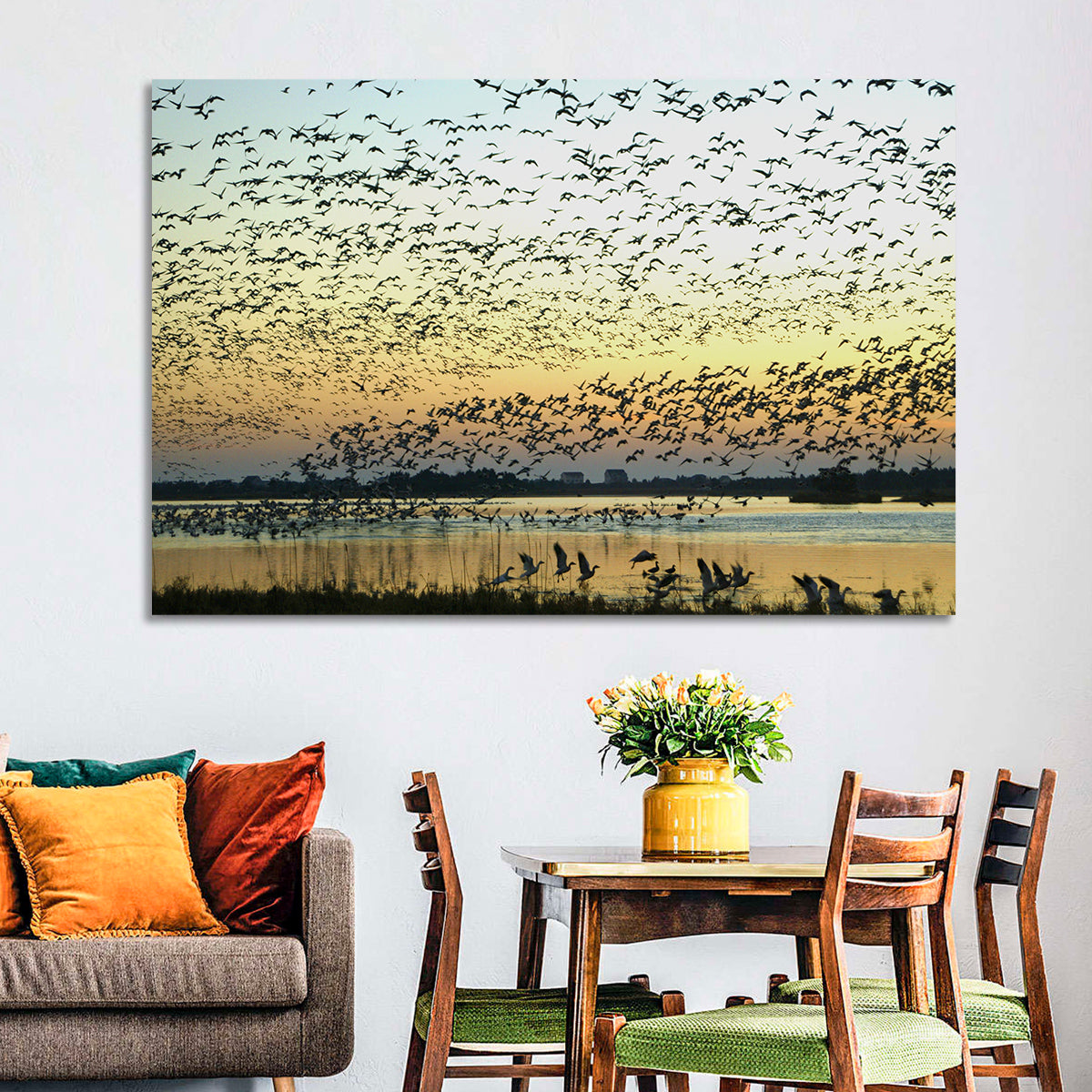 Snow Geese Over River Wall Art