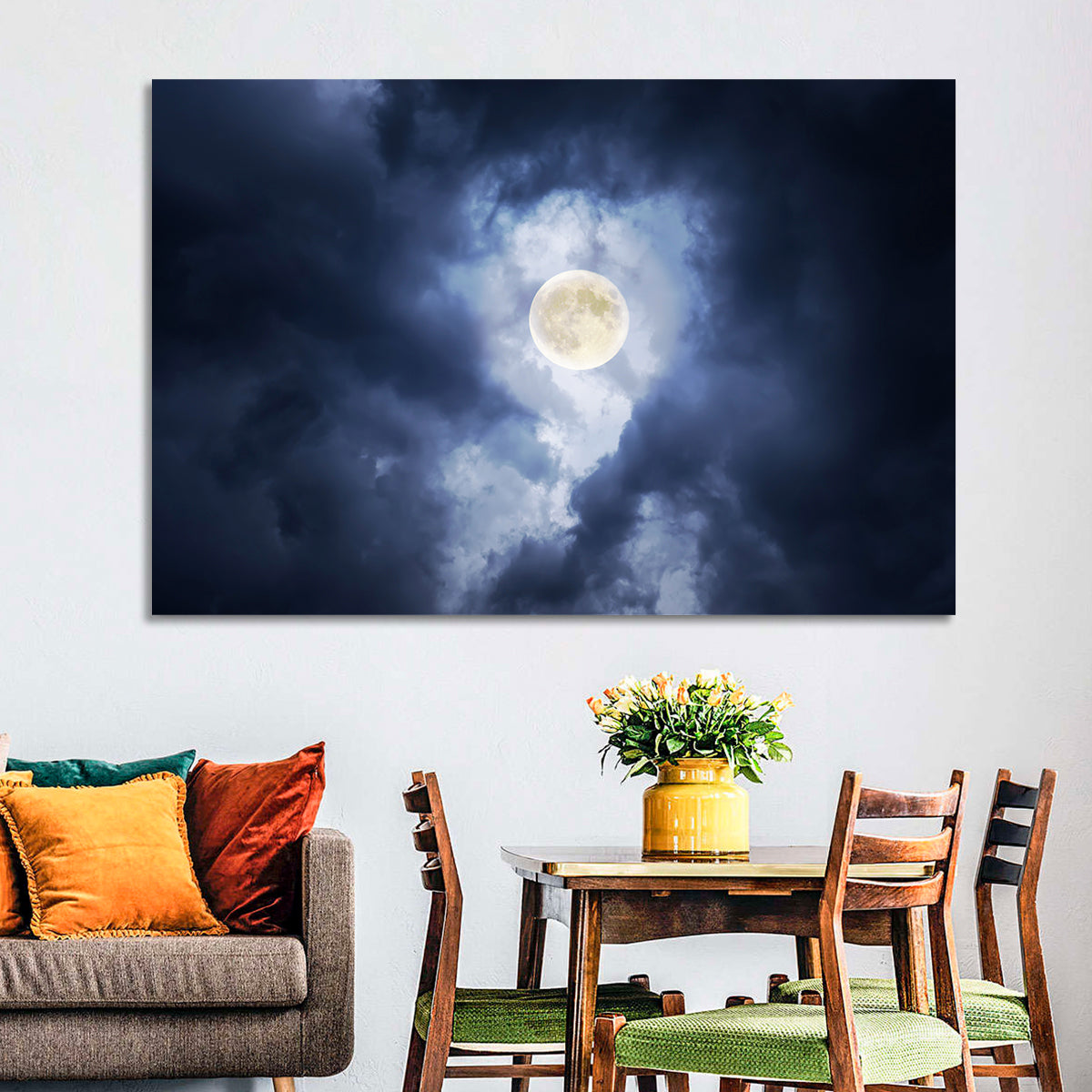 Supermoon Through Storm Clouds Wall Art in a room, landscape