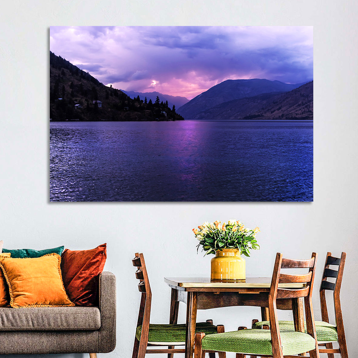 Lake Chelan Violet Sunset Wall Art in a room, landscape