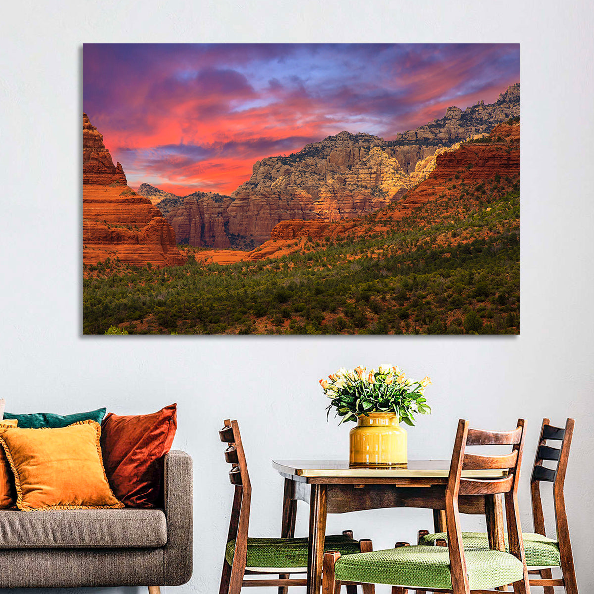 Sedona Red Rocks Sunrise Wall Art in a room, landscape