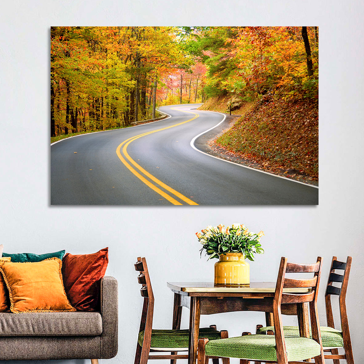Winding Autumn Road Wall Art in a room, landscape