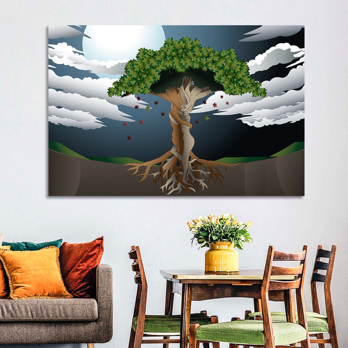 Moonlit Lovers Tree Wall Art in a room, landscape