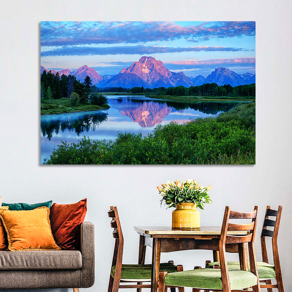 Oxbow Bend Dawn Reflection Wall Art in a room, landscape