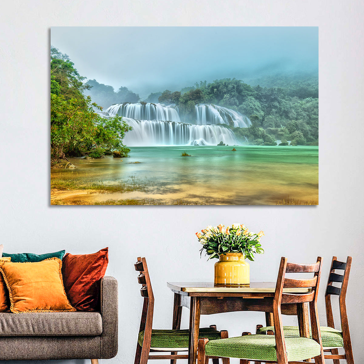 Ban Gioc Waterfalls Misty Morning Wall Art in a room, landscape