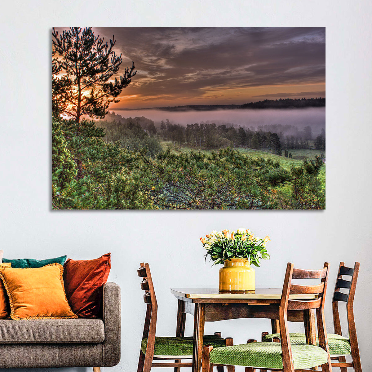 Misty Swedish Pine Valley Wall Art in a room, landscape