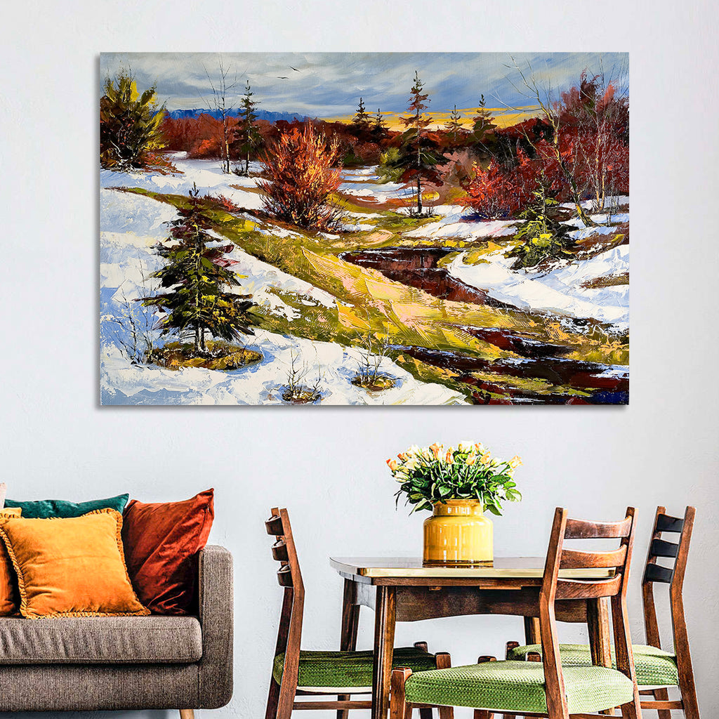 Snowy Stream Through Evergreens Wall Art