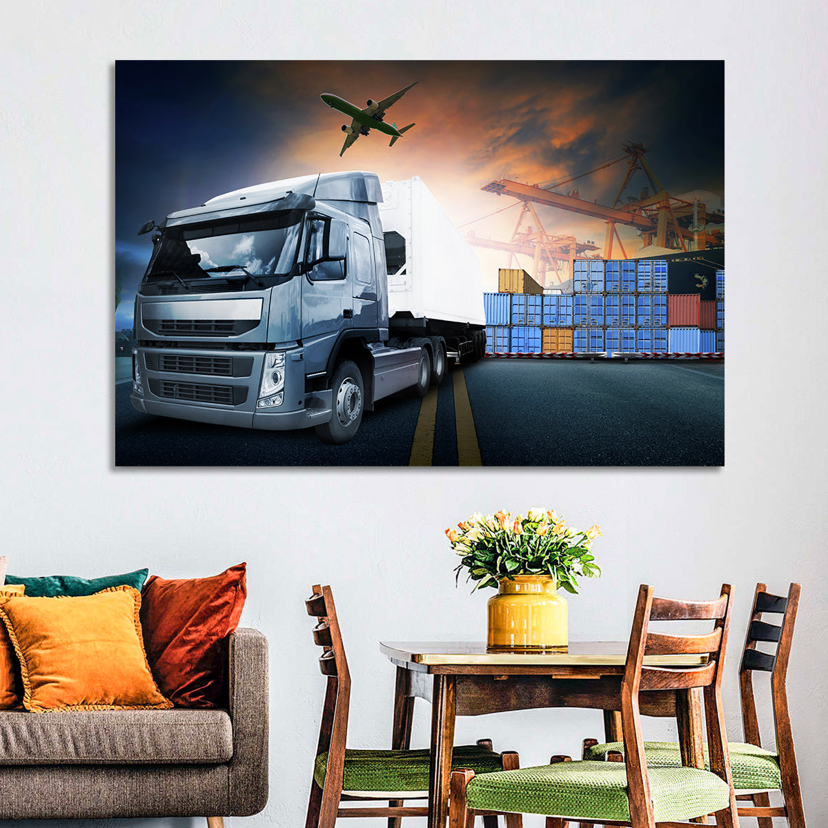 Sunset Freight Terminal Truck Scene Wall Art in a room, landscape