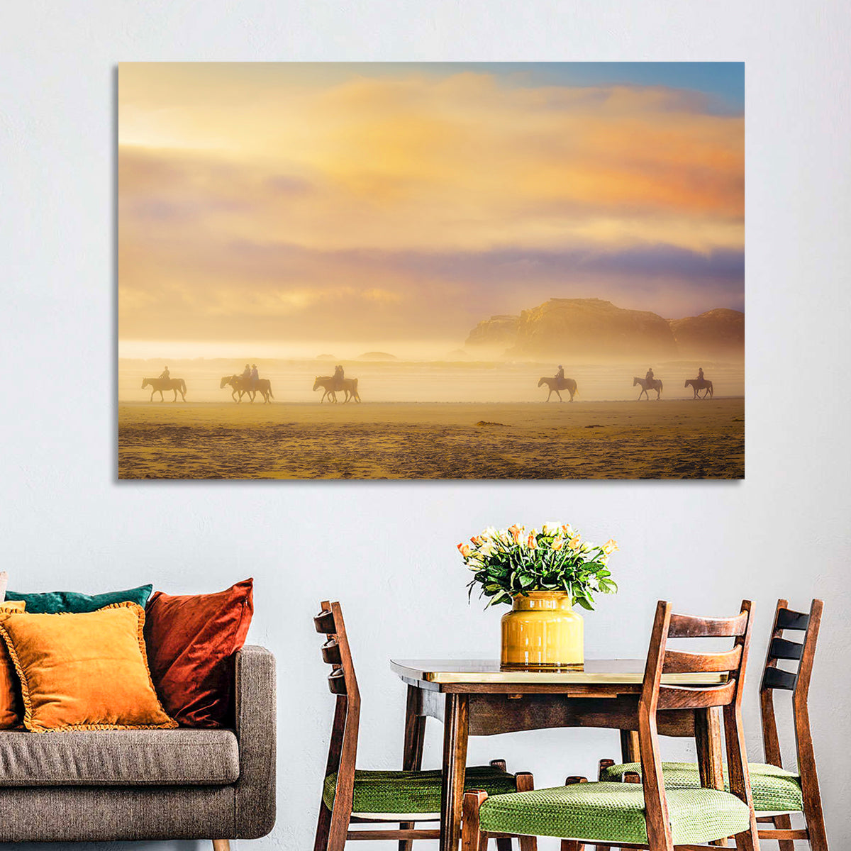 Misty Beach Horseback Riders Wall Art in a room, landscape