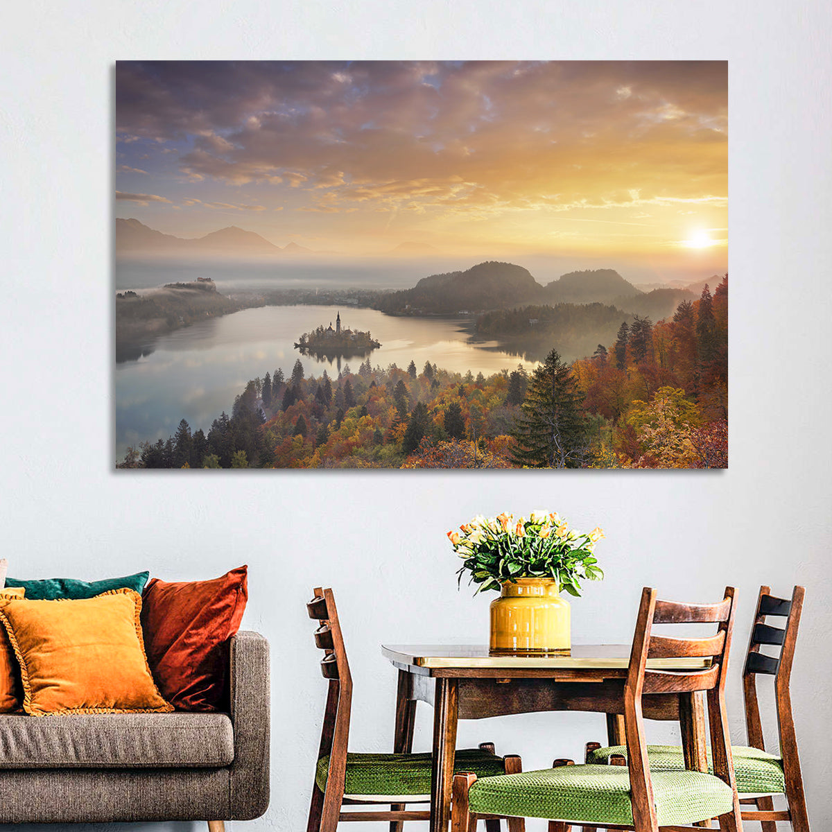 Autumn Morning at Lake Bled Wall Art in a room, landscape