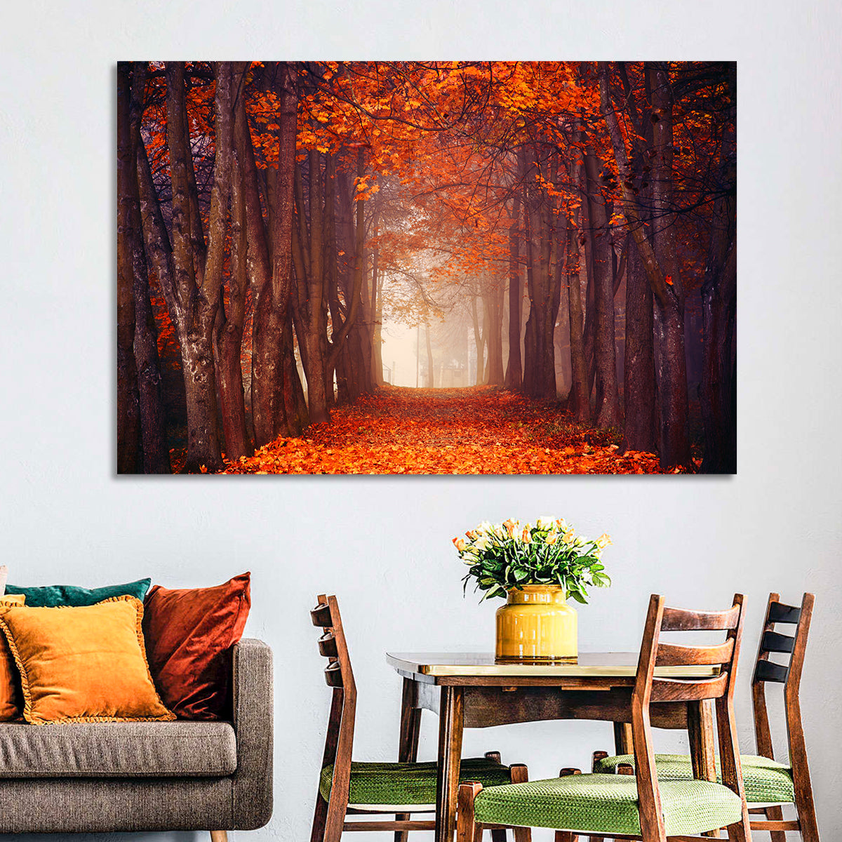 Misty Autumn Forest Path Wall Art in a room, landscape