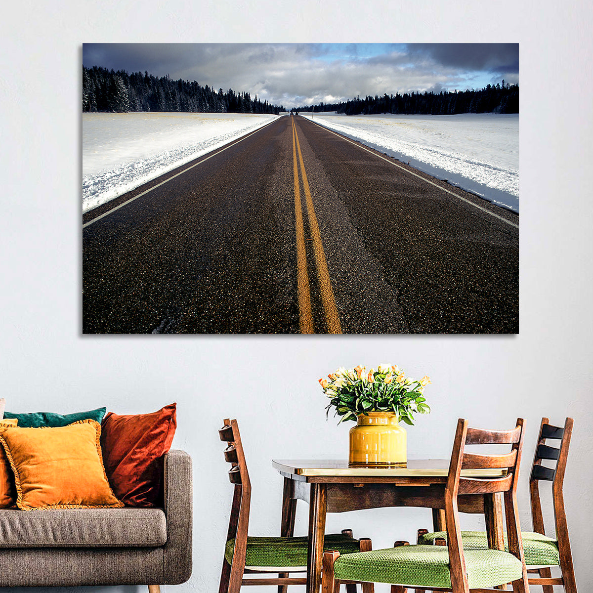 Winter Road Through Pine Forest Wall Art