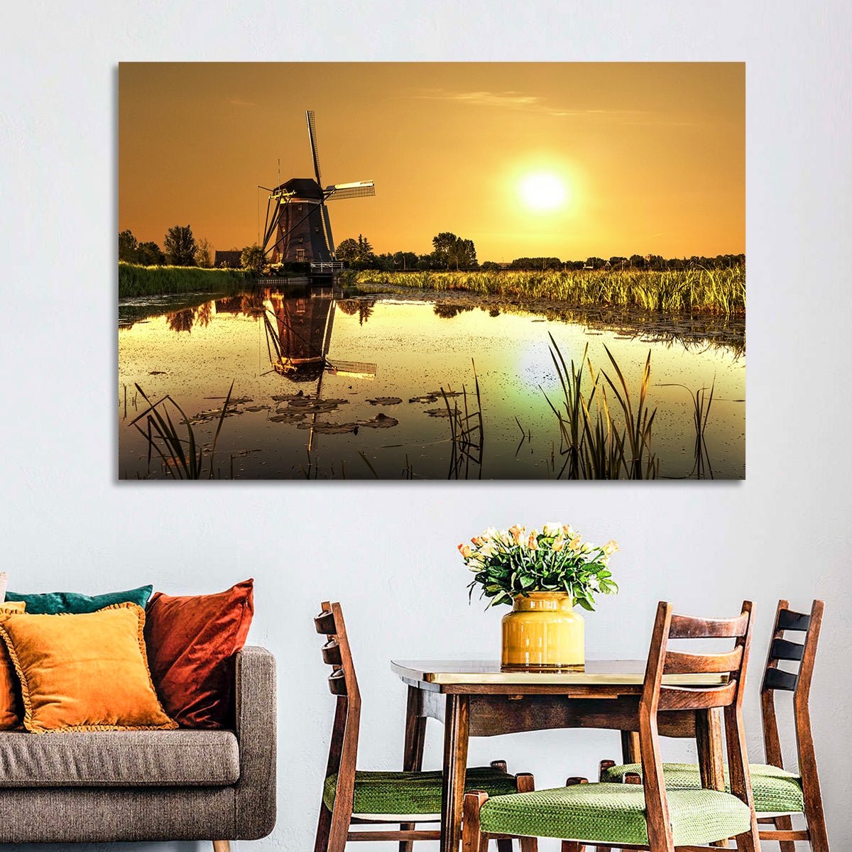 Dutch Windmill at Golden Hour Wall Art in a room, landscape
