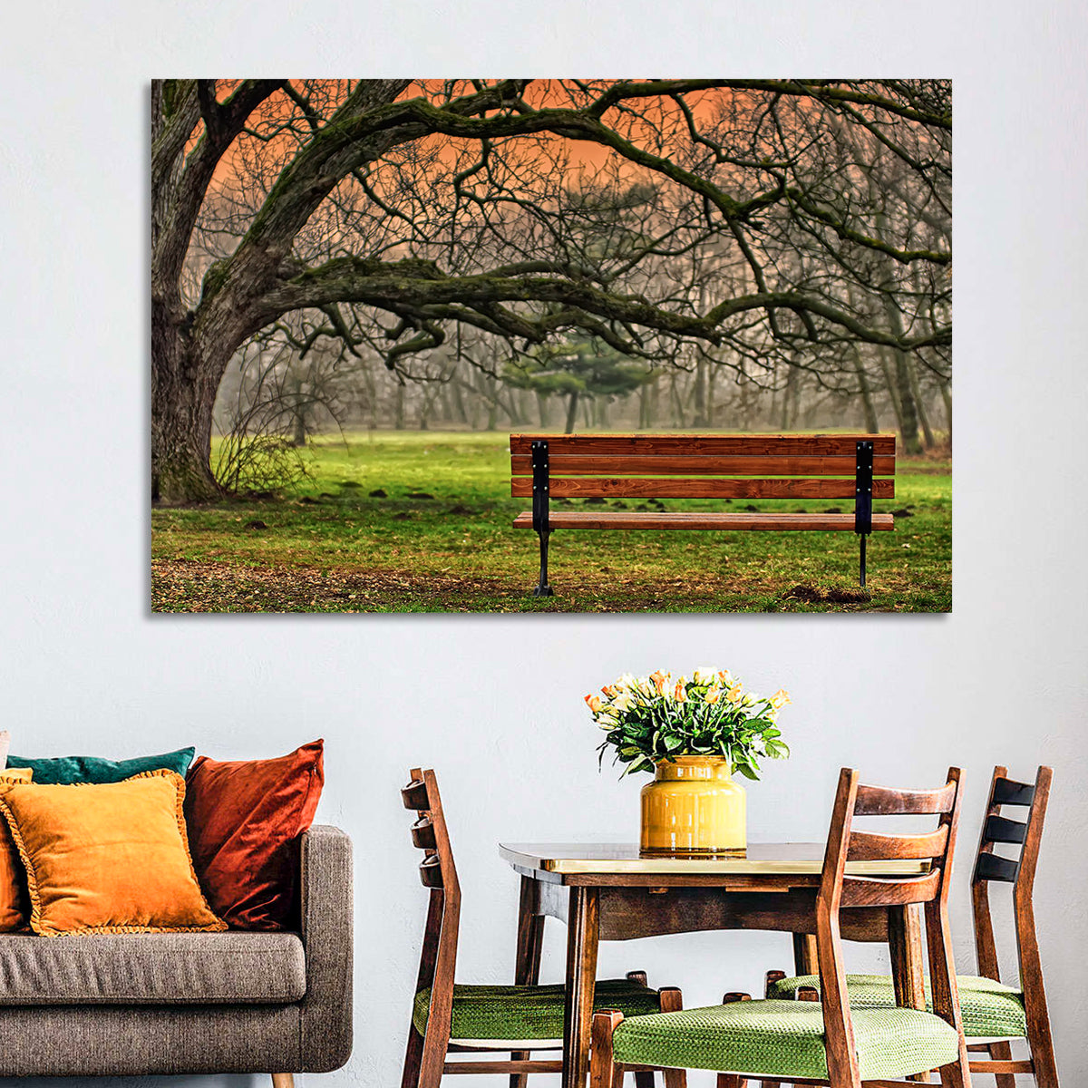 Misty Autumn Park Bench Wall Art in a room, landscape