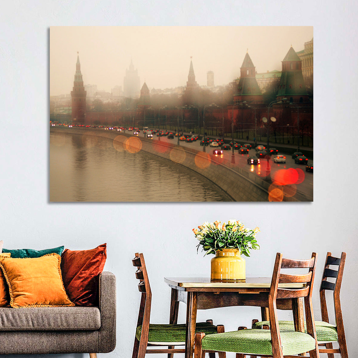 Foggy Moscow Kremlin at Dusk Wall Art in a room, landscape