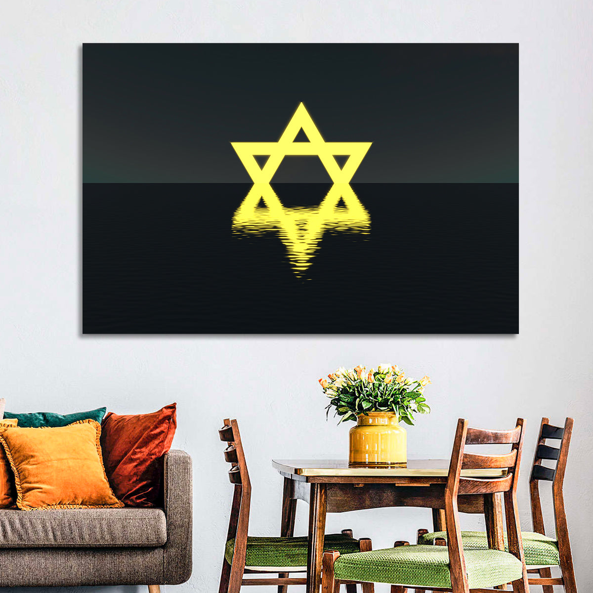 Glowing Star of David Reflection Wall Art in a room, landscape