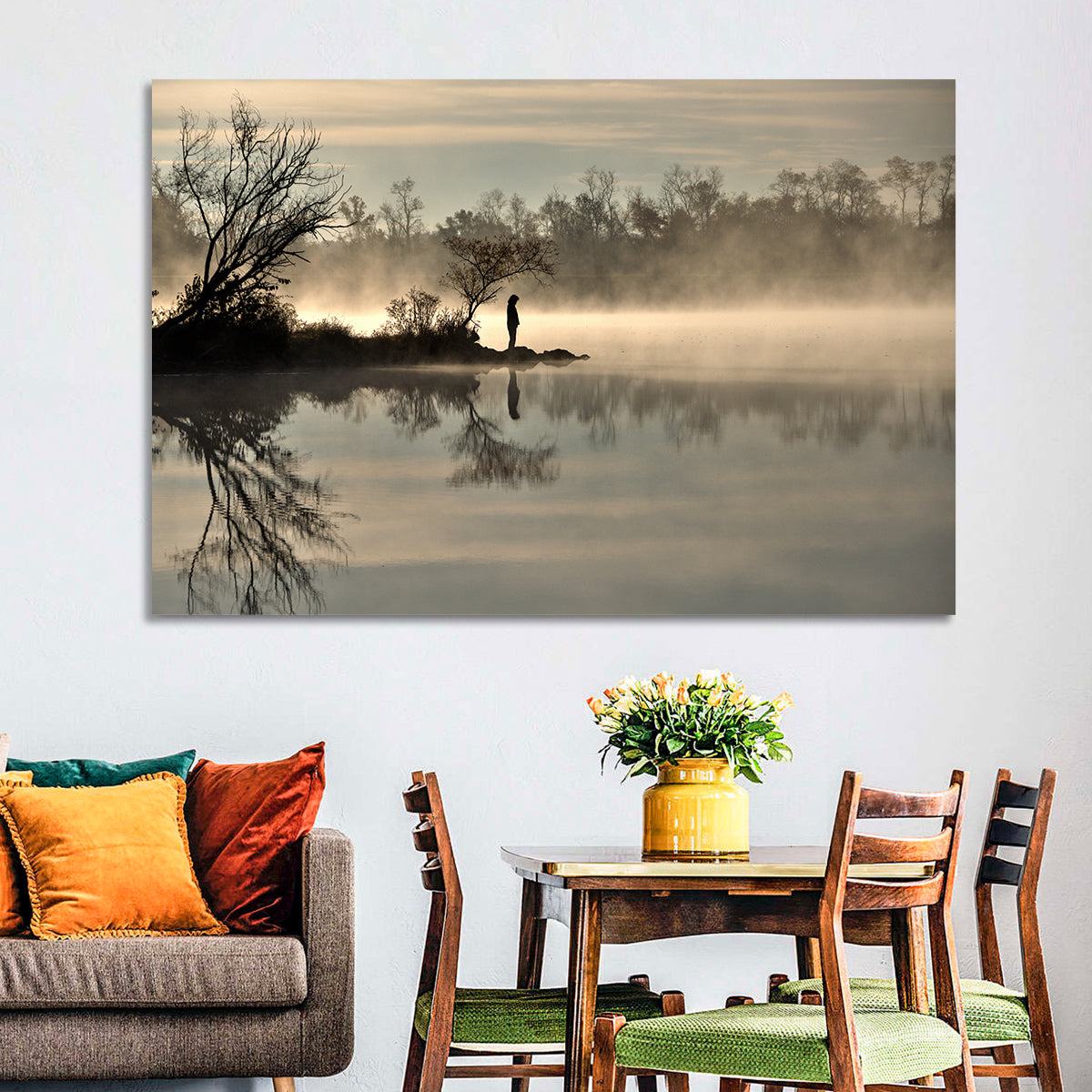 Centennial Lake Mist Wall Art in a room, landscape