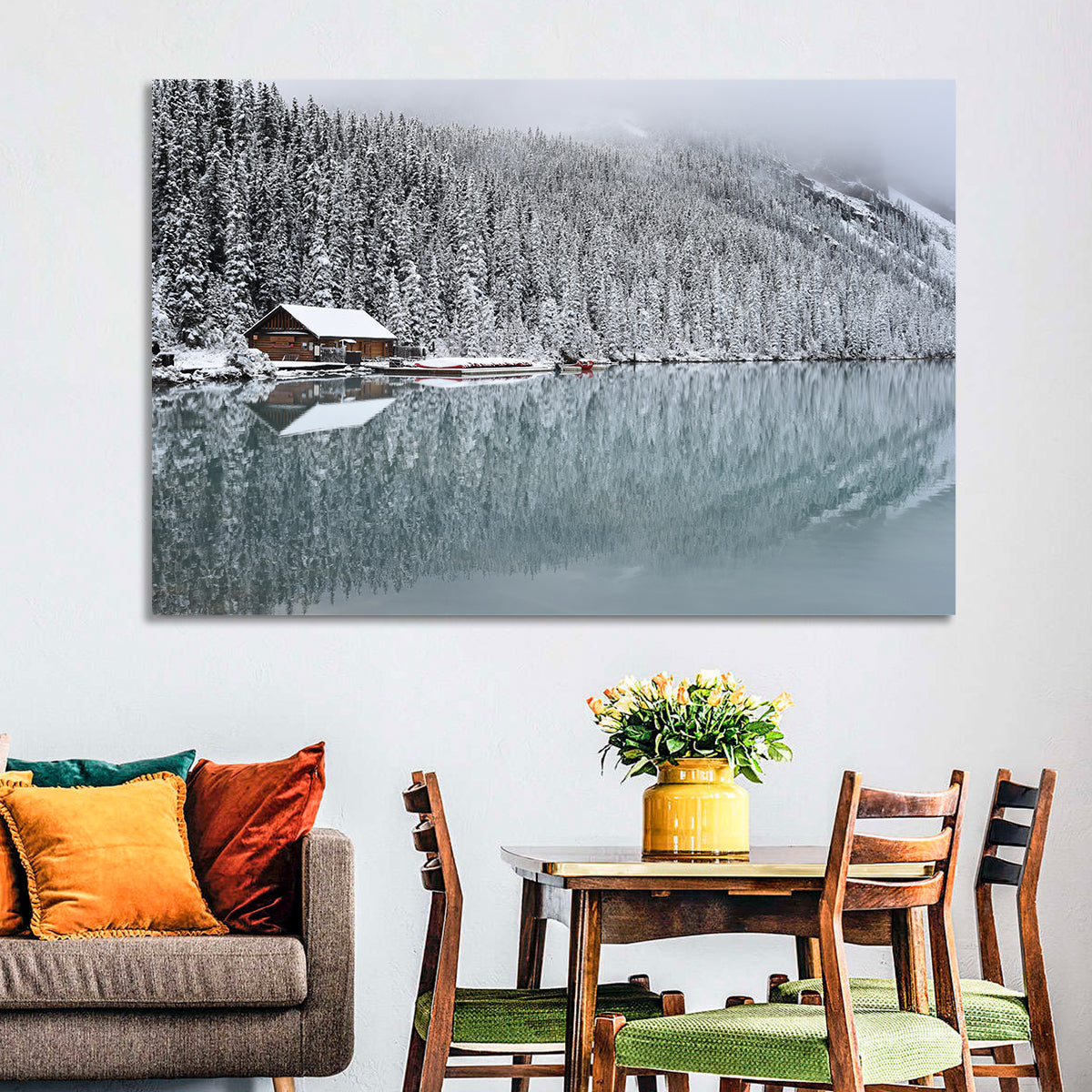 Lake Louise Winter Reflection Wall Art in a room, landscape
