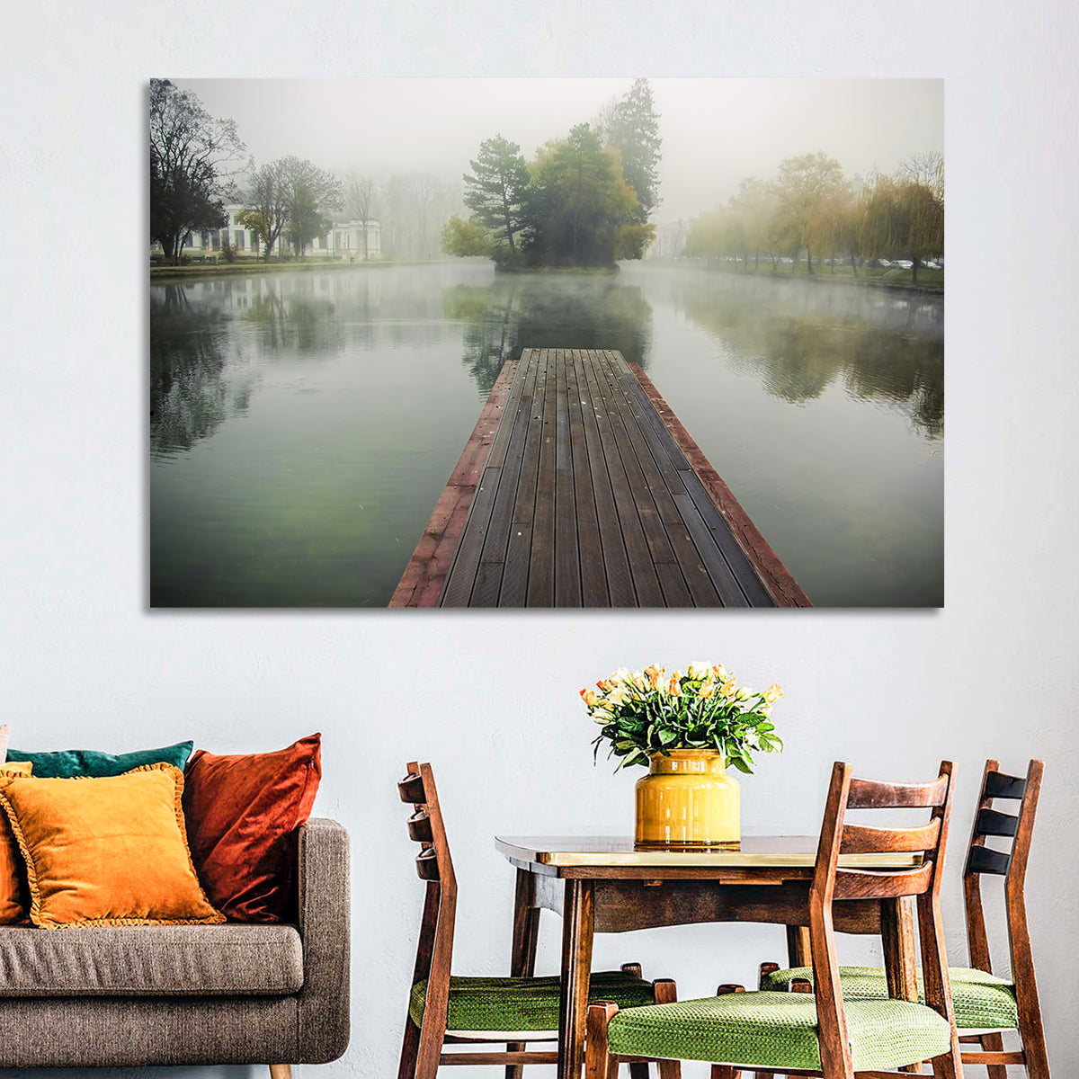 Wooden Pier on Foggy Lake Wall Art in a room, landscape