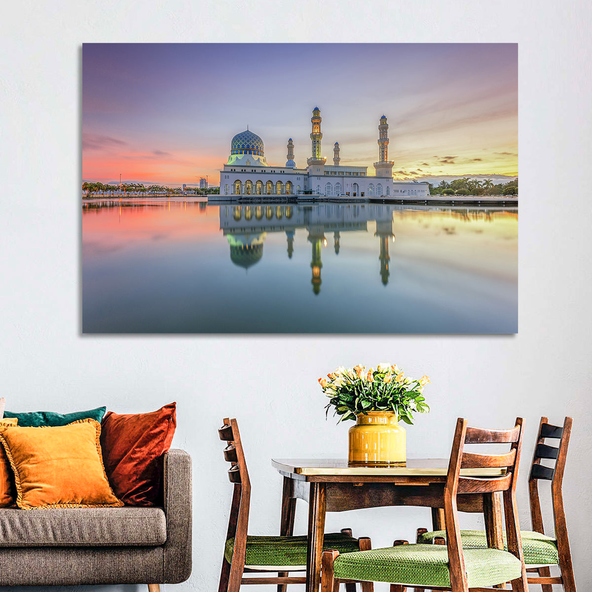 Kota Kinabalu City Mosque at Sunrise Wall Art in a room, landscape